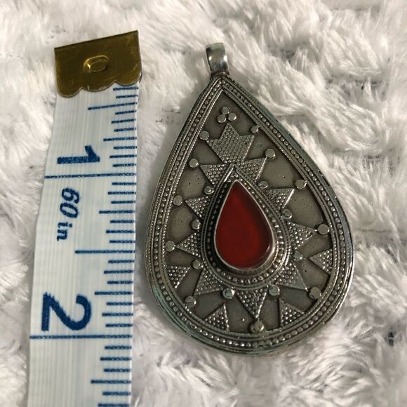 Pendant, silver color with red accent. 2”. - Picture 2 of 5